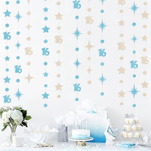 Image of Champagne Gold Blue 16th Birthday Decorations Number 16 Circle Dot Star Garland Glitter Streamer Banner Backdrop for Girls Boys Sweet Sixteen Cheers to 16 Years Old Happy 16th Birthday Party Supplies