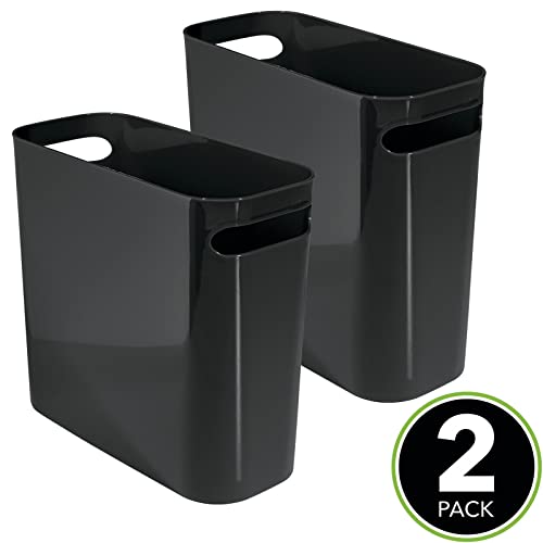 Mdesign Plastic Small Trash Can, 1.5 Gallon/5.7-Liter Wastebasket, Narrow Garbage Bin With Handles For Bathroom, Laundry, Home Office - Holds Waste, Recycling, 10" High, Aura Collection, 2 Pack, Black #TOP1