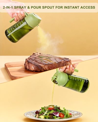 Miniatura 7 de Aceitera Spray Pulverizador 470ml, Dispensador de Aceite 2 en 1, Pulverizador Aceite Oliva de Vidrio Bloquea Luz, Aceitera Antigoteo Spray para Cocina, Freidora de Aire, Ensalada y BBQ (Verde)