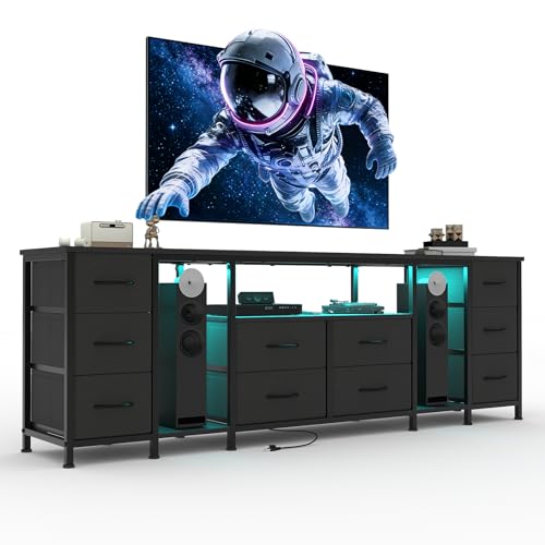 Garvee 10 Drawer Dresser, TV Stand with Fabric Drawers and Power Outlets for 75 70 65 Inch TV, TV Console Table, Entertainment Center with Open Storag