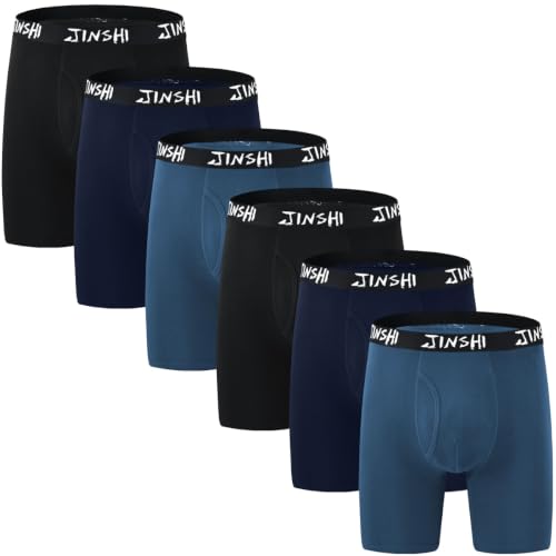JINSHI Boxer Long Homme Caleçons Doux Slip Respirant Hipster sous-vêtement Pantalon Brief Lot de 6 Noir/Bleu/Marine XL
