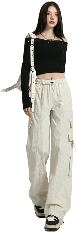 JYHBHMZG Women's Spring Summer Lightweight Loose Fit High Waist Casual Wide Leg Slimming Cargo Pants Elastic Waist