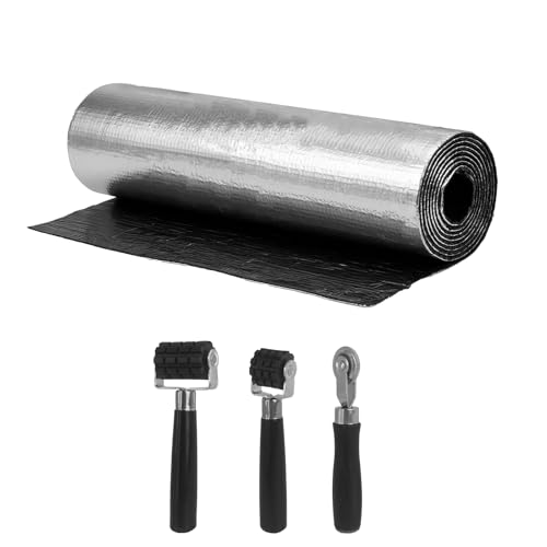 CONEHOY 1 Pcs 200 Mils Car Heat Sound Insulation Mat 24 x 425 Inch Self Adhesive Auto Heat Shield Sound Deadening with 2 Rubber Roller and Press Roller for Car Door Ceiling Hood (70 Sqft)