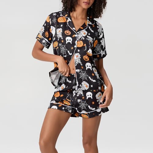 Edhomenn Women Halloween Pajama Set Ghost Pumpkin Print Short Sleeve Button Closure Top And Printed Shorts Sleepwear (Black, M) - Image 4