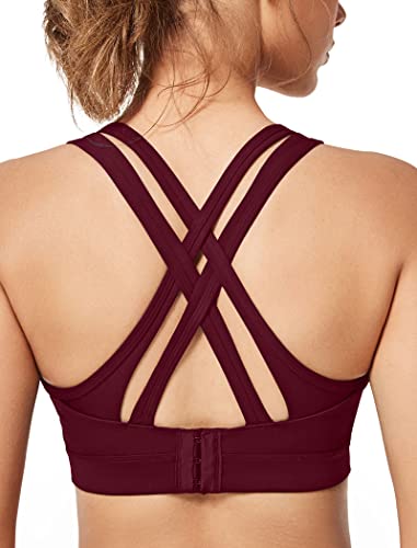 Yvette Women High Impact Sports Bras Criss Cross Back Sexy Running Bra for Plus Size, Burgundy, 2XL(AC)