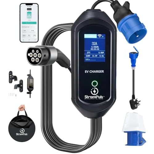 StromPuls 7.2 kW Portable EV Charger, Smart App, 1 Phase, 2.6inch Large Screen, IP65, 5 Meter TPU Cable, Adjustable Amp, Bag,Wall Holder Clips, Pen Protection,Emergency Earthing Off Option (Bundle)