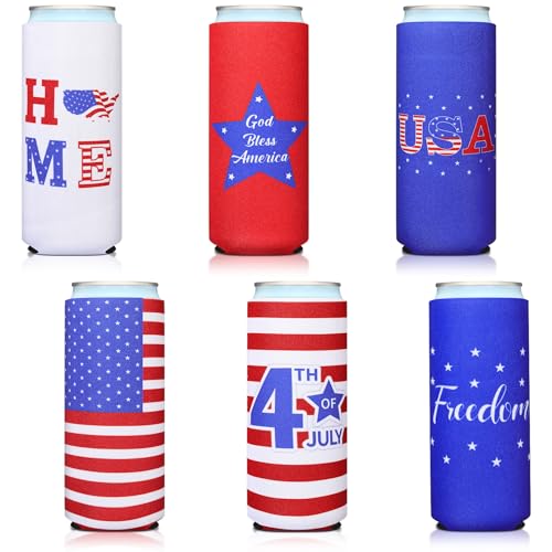 BBTO Christmas Slim Can Sleeves Reusable Neoprene Bottle Insulator Sleeve 12 oz Beverage Can Coolers for Energy Drink and Beer Cans 6 Pieces(American Flag)