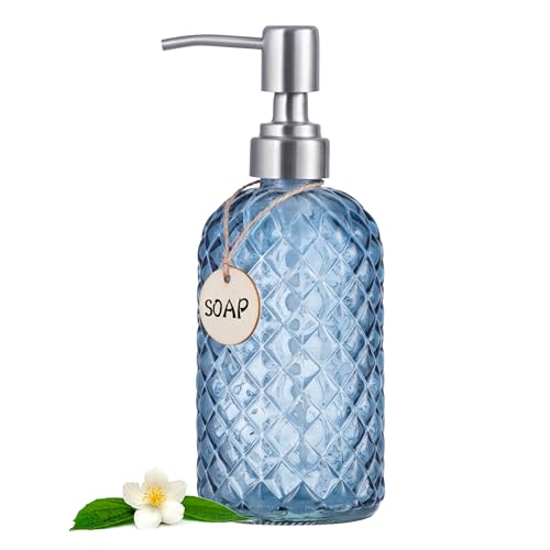 HBlife 16 Oz Diamond Design Stainless Steel Soap Pump, Refillable Glass Soap Dispenser for Kitchen & Bathroom (Blue Grey)