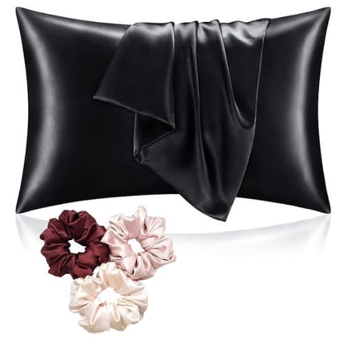 Eliova Set of 2 Satin Silk Pillow Covers for Hair & Skin – 3 Free Satin Scrunchies Included – Soft Cooling and Anti-Wrinkle 800 TC Pillowcase Set | Satin Pillow Covers for Skin (Black)