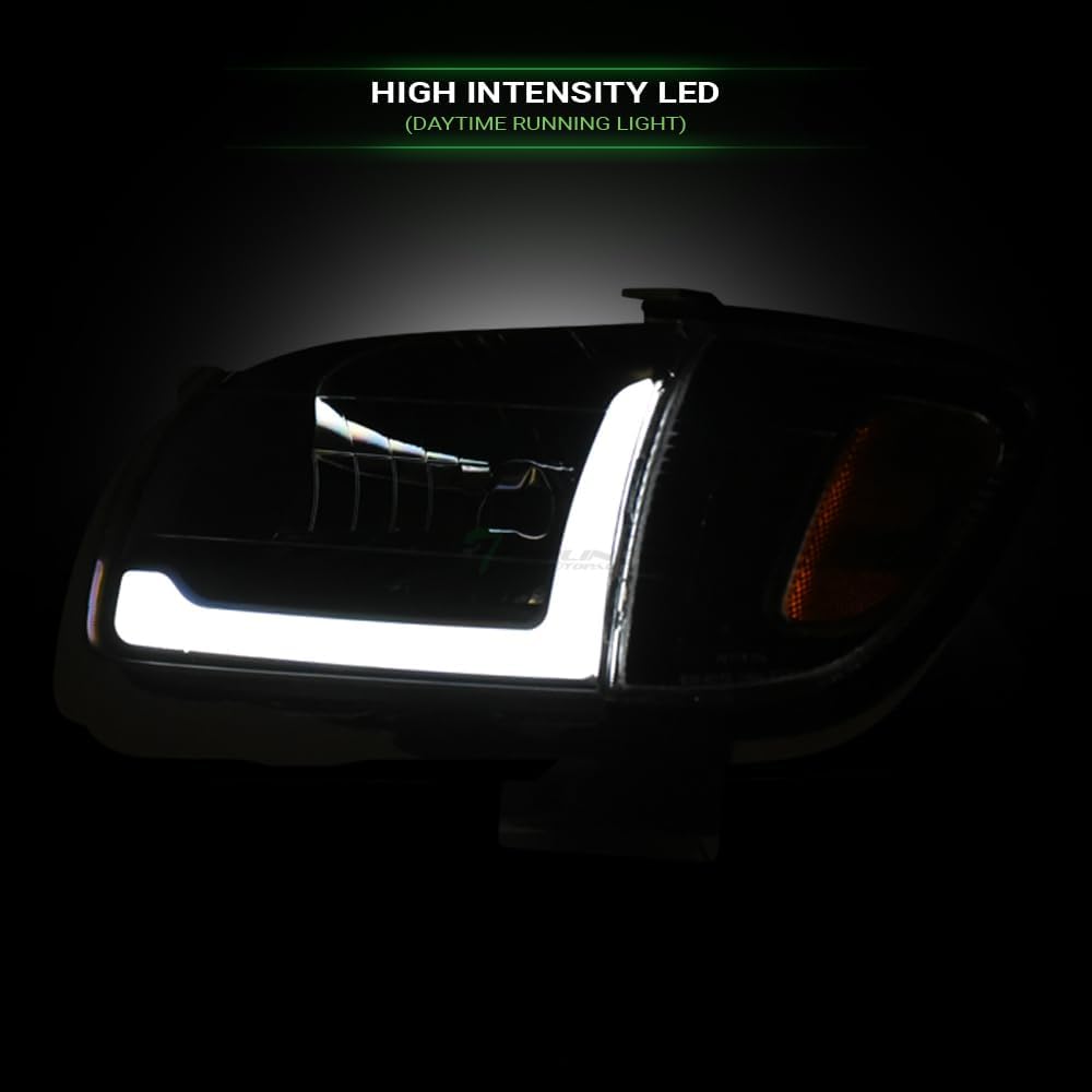 7422438193124 Compatible With 2001-2004 Toyota Tacoma DRL LED Strip Bar Black Housing Headlights With Signal Bumper + Corner Lamps Amber Reflector 6-Pieces Design