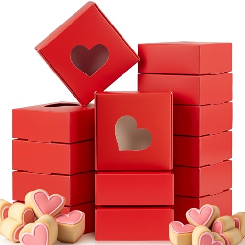Gersoniel 30 Pieces Mini Heart Cookie Boxes Valentine's Day Bakery Treat Boxes with Clear Heart Shaped Window Red Small Gifts Box for Individual Cupcake Bakery Galentine Party Treats, 3 x 3 x 1.2 Inch