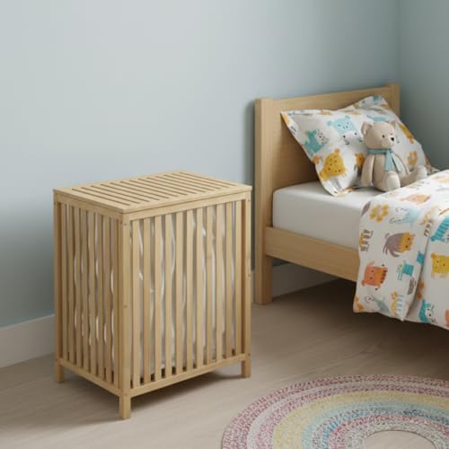 Cesto De Roupa Suja Bambu Ripado Tampa Natural Com Forro Duplo Re...