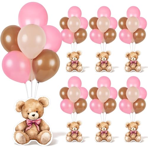 Image of 6 Sets Bear Baby Shower Balloon Stand Kit for Table Girl Baby Shower with Balloon Ornament for Pink Bear Theme Gender Reveal Birthday Party Table Decoration Supplies