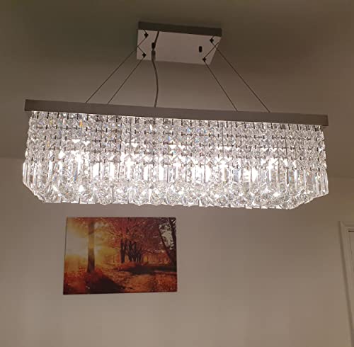 Dst Modern Crystal Chandelier Lighting, Luxury Rectangle Raindrop Elegant Ceiling Lights Fixture Flush Mount Chrome Pendant Light For Dining Living Room Foyer Office Bedroom L31.5'' X W10'' X H9'' #TOP4