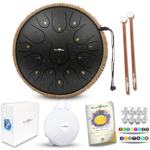 The Balmy Drum - 15 Note 14 Inch Steel Tongue Drum, Steel Drum Instrument, Drums For Children and Adults, Balmy Drum Set for Kids with Music Book, Handpan, Mallet and Carry Bag (Black)