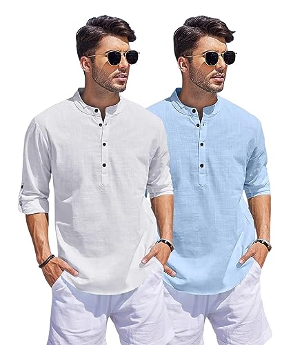 Image of Bellstone Men's Cotton Blend Straight Kurta Shirt Combo with Mandarin Collar - Slim Fit Casual Short Kurti Set Featuring Textured Slub Fabric and Roll-Up Full Sleeves