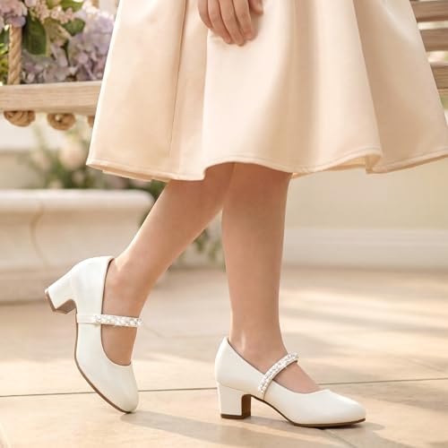 LAURMOSA Pearl Heels for Girls Dress Shoes Size 12 Kids High Heels for Girls Easter Shoes Ivory Flower Girl Pumps Wedding First Communion Church Party Little Kids Flats Graduation (L1039PUIvory 12) by LAURMOSA - Used condition - Image 3