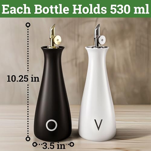 Oil and Vinegar Dispenser Set with Self-Closing Stainless Steel Spouts - 530 ML Capacity Matte Ceramic Leak Proof EVOO & Vinegar Dispensing Bottle Set of 2 - Olive Oil and Vinegar Dispenser Bottle Set by HB Design Co. - Image 6
