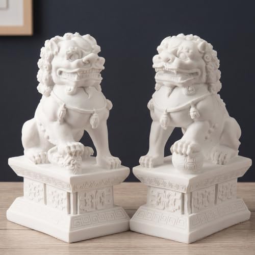Novabright Foo Dog Statue Pair Guardian Lion,6.7 Inch,Classic,White