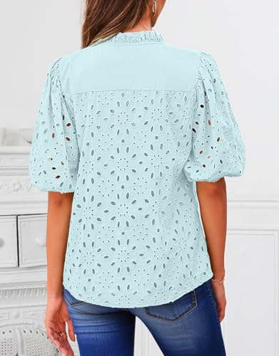 BETTE BOUTIK Women's Long Short Sleeve Tops 2025 Dressy Casual Button Hollow Out Lace Embroidered Blouses Shirts