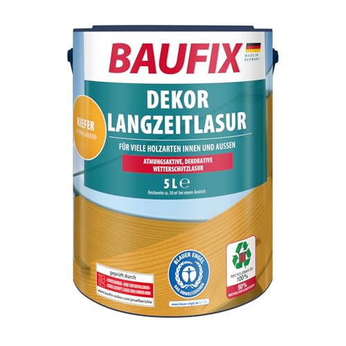 BAUFIX Dekor Langzeitlasur kiefer, seidenglänzend, 5 Liter, Holzlasur, Holzschutzlasur für außen und innen, für viele Nadel-/Harthölzer