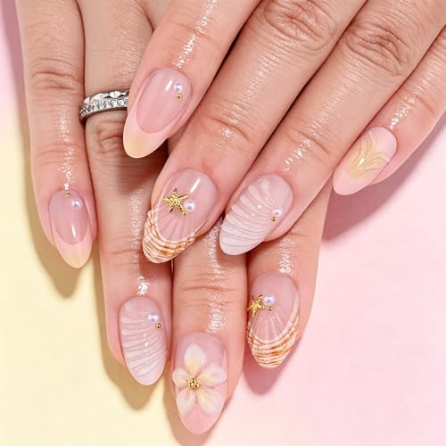 evpct Sea Style French Press on Nails Almond Short with Shell Design