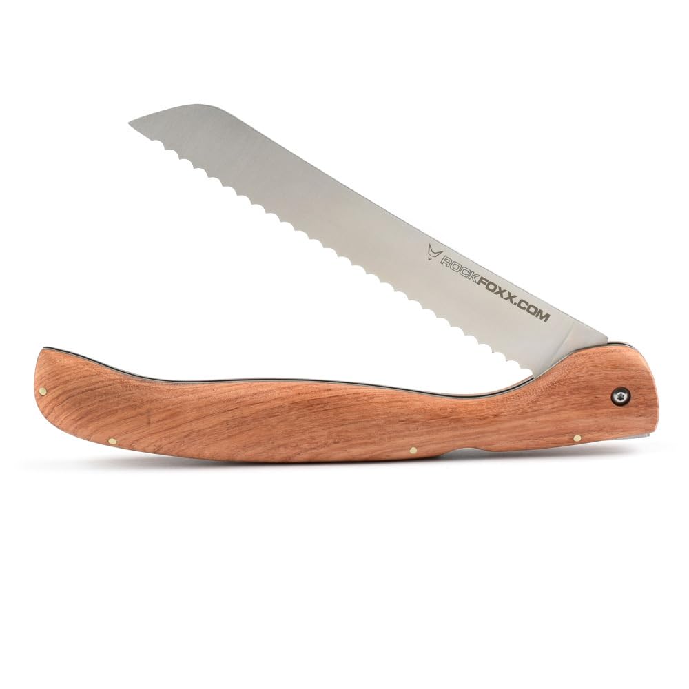FOXXKNIFE składany nóż do chleba, scyzoryk, duży nóż 18,5 cm, bez grawerowania laserowego, uchwyt z drewna korzeniowego, ostre ząbkowanie, idealny na kemping, offroad, poszukiwacz przygód w przyczepie