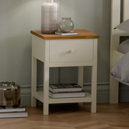 Julian Bowen Coxmoor Bedside Table – 1 Drawer Wood Nightstand, Rustic Cream End Table for Bedroom and Living Room, 55x35cm – Ivory and Oak