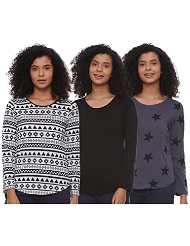 Image of A.T.U.N. (ALL THINGS UBER NICE) Womens Printed Cotton Long Sleeve Regular T-Shirt (Pack of 3)