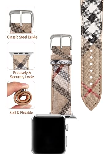Designer Watch Band for Women Compatible with Apple Watch Bands 41mm 40mm 38mm, Luxury Leather Classic Beige Plaid Watch Band Replacement Wrist Strap Compatible for iWatch Series 9/8/7/6/5/4/3/2/1/SE