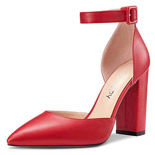 MAGIOPY Damen Hoher High Absatz Heel Chunky Blockabsatz Pumps Spitze Zehenkappe Knöchelriemen Sexy Dress Sandalen 10 cm Heels Rot 40 EU Cover