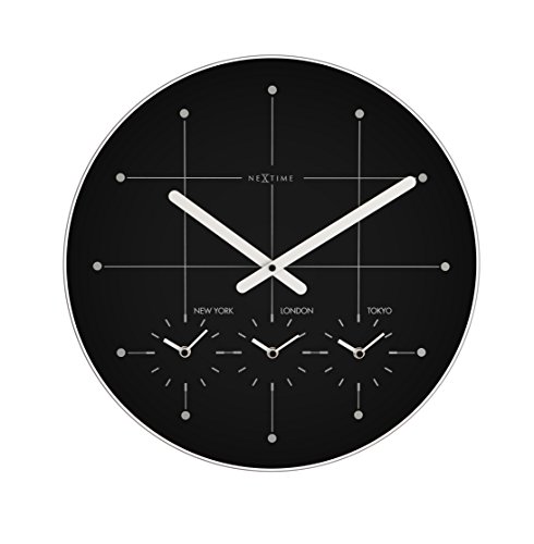 Unek Goods NeXtime, Big City Wall Clock, 16.9 Diameter, Black with White Hands, Round, Glass, 4 Time Zones, Battery Operated