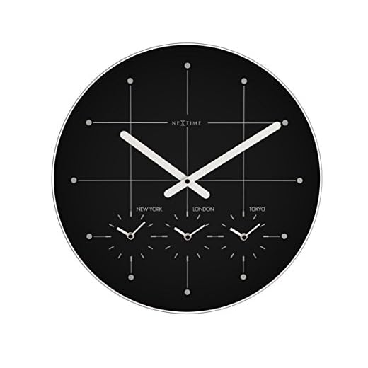 Unek Goods NeXtime, Big City Wall Clock, 16.9" Diameter, Black with White Hands, Round, Glass, 4 Time Zones, Battery Operated