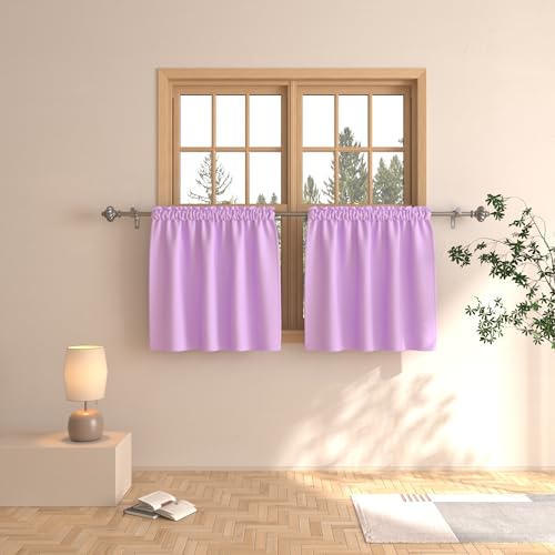 Purple Tier Curtains 24 Inch Girls Room Darkening Kitchen Window Over Sink Bathroom Short Triple Weave Small Cafe Half Window Treatment Set 2 Panels Basement Rod Pocket