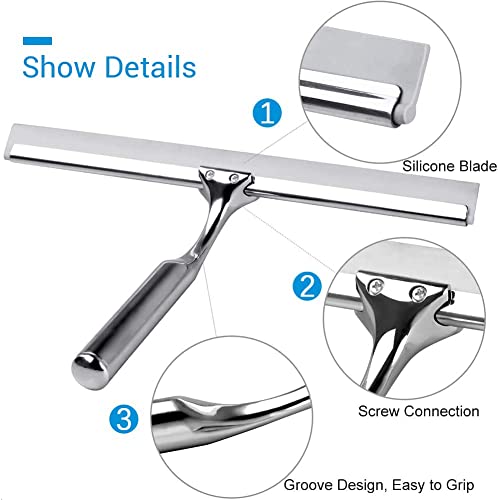 Shower Squeegee for Glass Doors, 10" Stainless Steel Squeegees for Shower Doors, Bathroom, Window and Car Glass, All-Purpose Cleaning Squeegee with Matching Hooks Holder, 1 Replacement Squeegee Blade