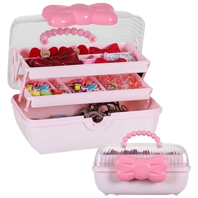 Jaswanth 6 in 3-Layer Multipurpose Art Craft Organizer Kids Clear Plastic Portable Storage Box/Tool Box with Handle for Sewing,Cosmetic,Medicine,Nail,Hair Accessories (PINK)