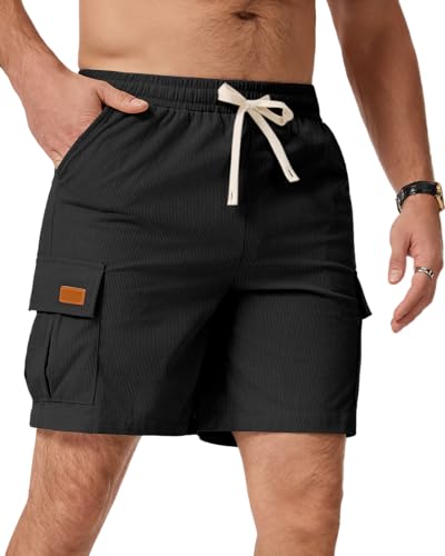LVCBL Men's Casual Shorts Summer Cord Cargo Shorts with Pockets Black XL