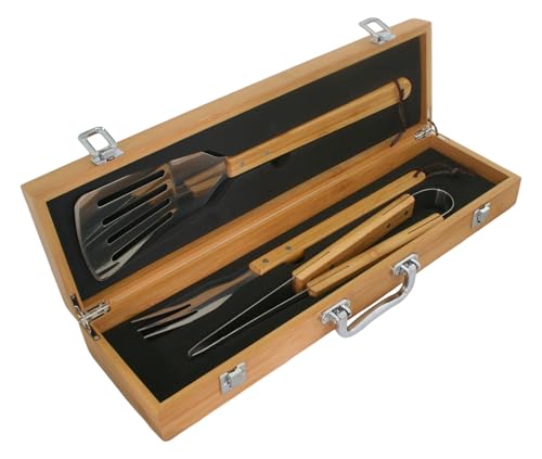 Personalised Luxury BBQ Tool Set with Bamboo Case, 3-Piece Grilling Utensils Set Free Engraving