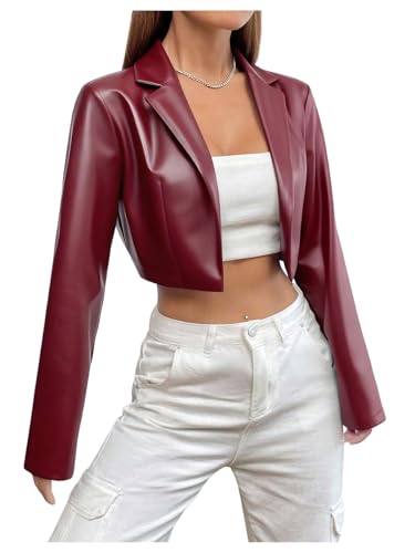 GORGLITTER Women's Leather Cropped Jacket PU Long Sleeve Open Front