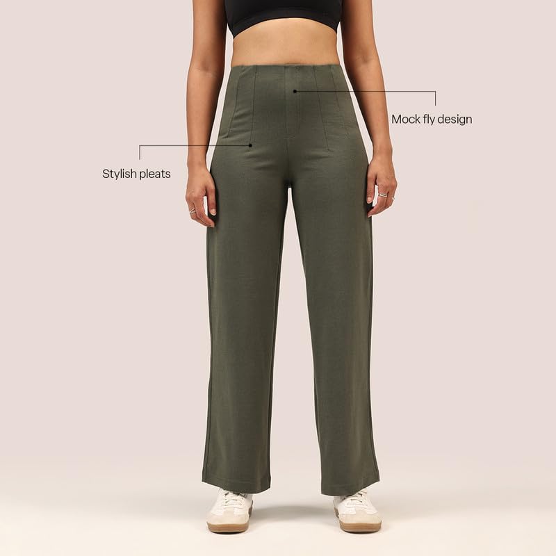 Image of BlissClub Womens Work-to-Wine Twill Wide Dart Pants Insanely Breathable Elasticated Waistband 2 Pockets Mock Fly | Wide Silhouette Stylish Pleats