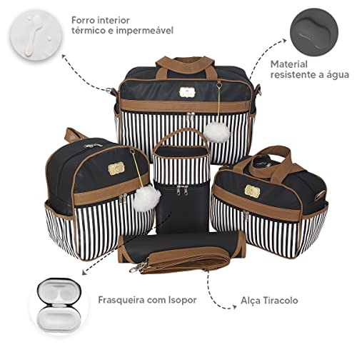 Bolsas de Maternidade Listras Fina 5 Peças Material Térmico Impermeável Cor: Preto