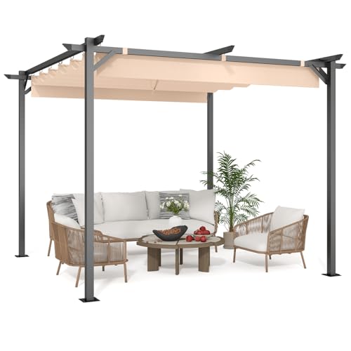 Gazebo, Metal Pergola with Retractable Roof, bigzzia Large Gazebo With Sun Shade Canopy Waterproof And SPF 15 With PU Coated Features For Patio Garden Party BBQ (3x3M Cream)