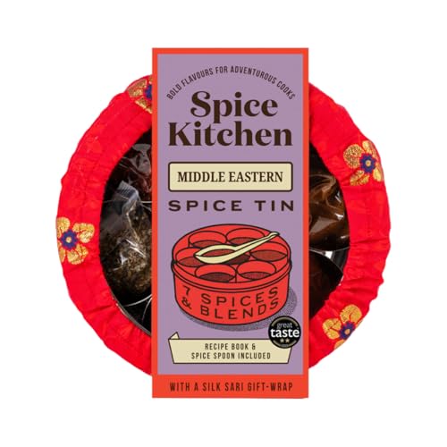 Image of Spice Kitchen Middle Eastern Spice Collection with 7 Cooking Spices, stainless steel Spice Storage Tin, Recipe Booklet and Silk Sari Wrap gift cover