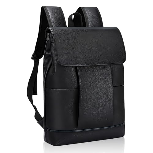Amexo Rucksack für Herren Damen, PU Leder Daypack Schwarz Extra Groß Rucksack Herren 15.6 Zoll Laptop Rucksack Business-Rucksack aus Leder Wasserdicht Schulrucksack für Ausflüge Arbeiten Freizeit
