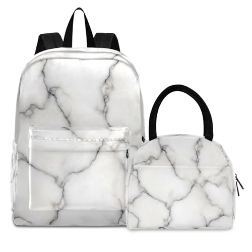 Sac à dos enfants et boîte à déjeuner marbre blanc design premium