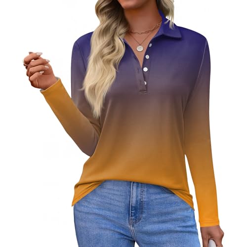 Image of Womens Long Sleeve Polo Shirts Business Work Casual V Neck Collared Tops Button Down Loose Fit Tees Shirts Beige L