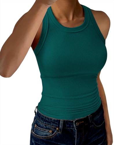 GKBK Womens Tank Tops High Neck Sleeveless Ribbed Tank Casual Basic Thick Strap Slim Fitted Racerback Shirts Cyan M