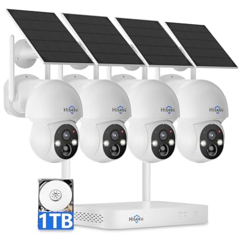 Hiseeu Solar Camera Wireless Outdoor, Home Security Camera System, 2.4G & 5G WiFi, Solar-Powered 4MP 4 Cam-Kit, Color Night Vision, 360° View, Pan & Tilt, 1TB HDD Local Recording, No Subscription Cover