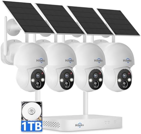 Hiseeu Solar Camera Wireless Outdoor, Home Security Camera System, 2.4G & 5G WiFi, Solar-Powered 4MP 4 Cam-Kit, Color Night Vision, 360° View, Pan & Tilt, 1TB HDD Local Recording, No Subscription