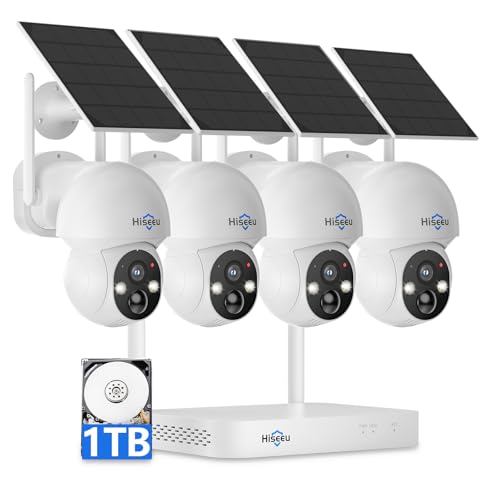 Hiseeu Solar Camera Wireless Outdoor, Home Security Camera System, 2.4G & 5G WiFi, Solar-Powered 4MP 4 Cam-Kit, Color Night Vision, 360° View, Pan & Tilt, 1TB HDD Local Recording, No Subscription by Hiseeu - Used condition - US$209.99